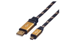 11.02.8821, Cable USB-A Plug - USB Mini-B 5-Pin Plug 800mm USB 2.0 Black / Gold, Roline