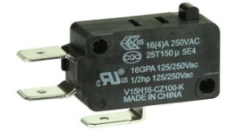 V15H16-CZ100-K, Микропереключатель; без рычага; SPDT; 16A/250ВAC; ON-(ON); 1; IP40, Honeywell