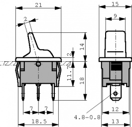 1813.1102, Toggle Switch, On-On, Blade Terminal 4.8 x 0.8 mm, Marquardt