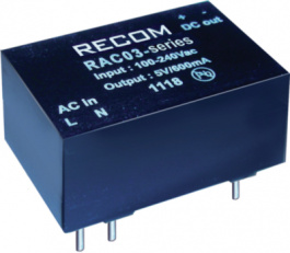 RAC03-24SC, Преобразователь: AC/DC; 3Вт; Uвых: 24ВDC; Iвых: 125мА; 78%; 3000В, RECOM