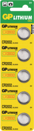GP CR 2032-C5 [5 шт], Button cell battery,&nbsp;&nbsp;Lithium, 3 V, 220 mAh, GP Batteries