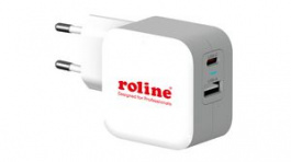 19111054, USB Wall Charger, 38W, Euro Type C (CEE 7/16) Plug - USB A Socket/USB C Socket, Roline