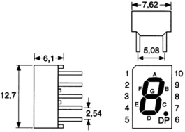 HDSP-A151, Дисплей: LED; 7-сегментный; 7,62мм; красный; 6,9-14мкд; анод; 0,3", Broadcom (Avago)