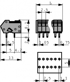218-102, Wire-to-board terminal block 0.08...0.5 mm2 solid or stranded 2.5 mm, 2 poles, Wago