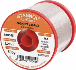 362, 810365, Solder wire Sn62/Pb36/2Ag 500 g 1.20 mm, Stannol