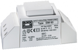 SIM 60, Lighting transformer 230VAC, 2 x 12VAC, BLOCK