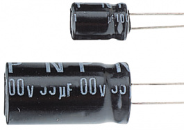NKR4R7M2AF11VM, Capacitor, radial 4.7 uF 100 VDC, Jamicon