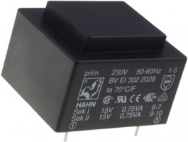 BV EI 302 2008, Трансформатор: залитый; 1,8ВА; 230ВAC; 15В; 15В; 60мА; 60мА; 70г, Hahn