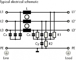 FN3270H-10-44, Mains filter, 3-phase 10 A 520 VAC, Schaffner