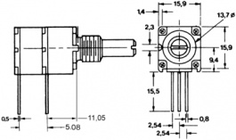 91A2A-B28-D15/D15L, Rotary Potentiometer 2 x 10 kOhm logarithmic, Bourns