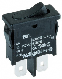 1901.1102, ROCKER; SPST; Положения:2; OFF-ON; 6A/250ВAC; черный; IP40; 100мОм, Marquardt
