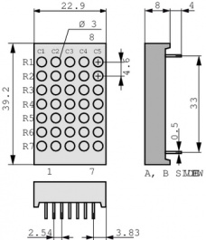 TC12-11EWA, Дисплей: LED; матрица; 5x7; красный; 3?8мкд; катод; 39,2x22,9мм, Kingbright